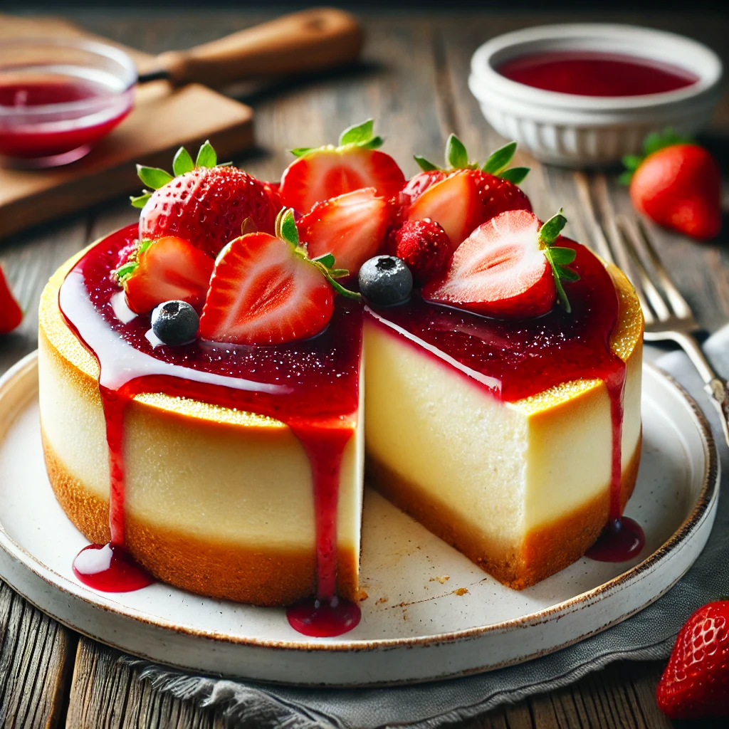 A classic cheesecake with a smooth creamy surface, golden-brown edges, and topped with fresh strawberries and berry sauce on a white plate.