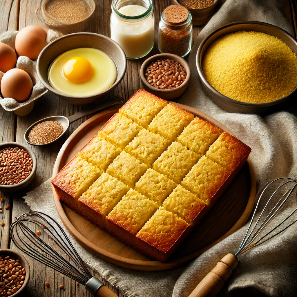 A freshly baked cornbread without eggs, cut into squares on a rustic wooden table, surrounded by ingredients like cornmeal, a whisk, applesauce, and flaxseed meal.