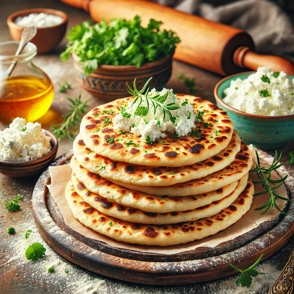 A stack of golden brown cottage cheese flatbreads on a rustic kitchen