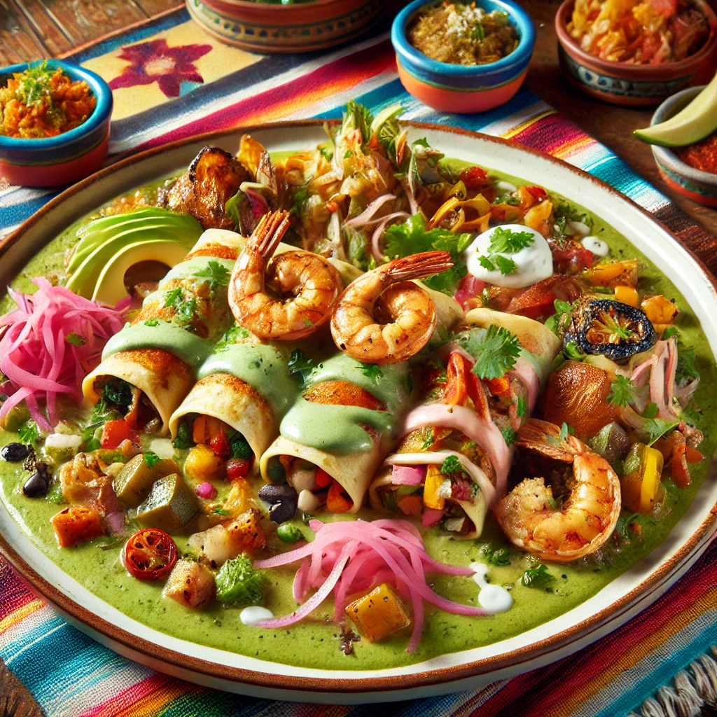 A colorful plate of enchiladas with unique toppings like shrimp, roasted vegetables, pork carnitas, and creamy green sauce, garnished with pickled onions and avocado slices.