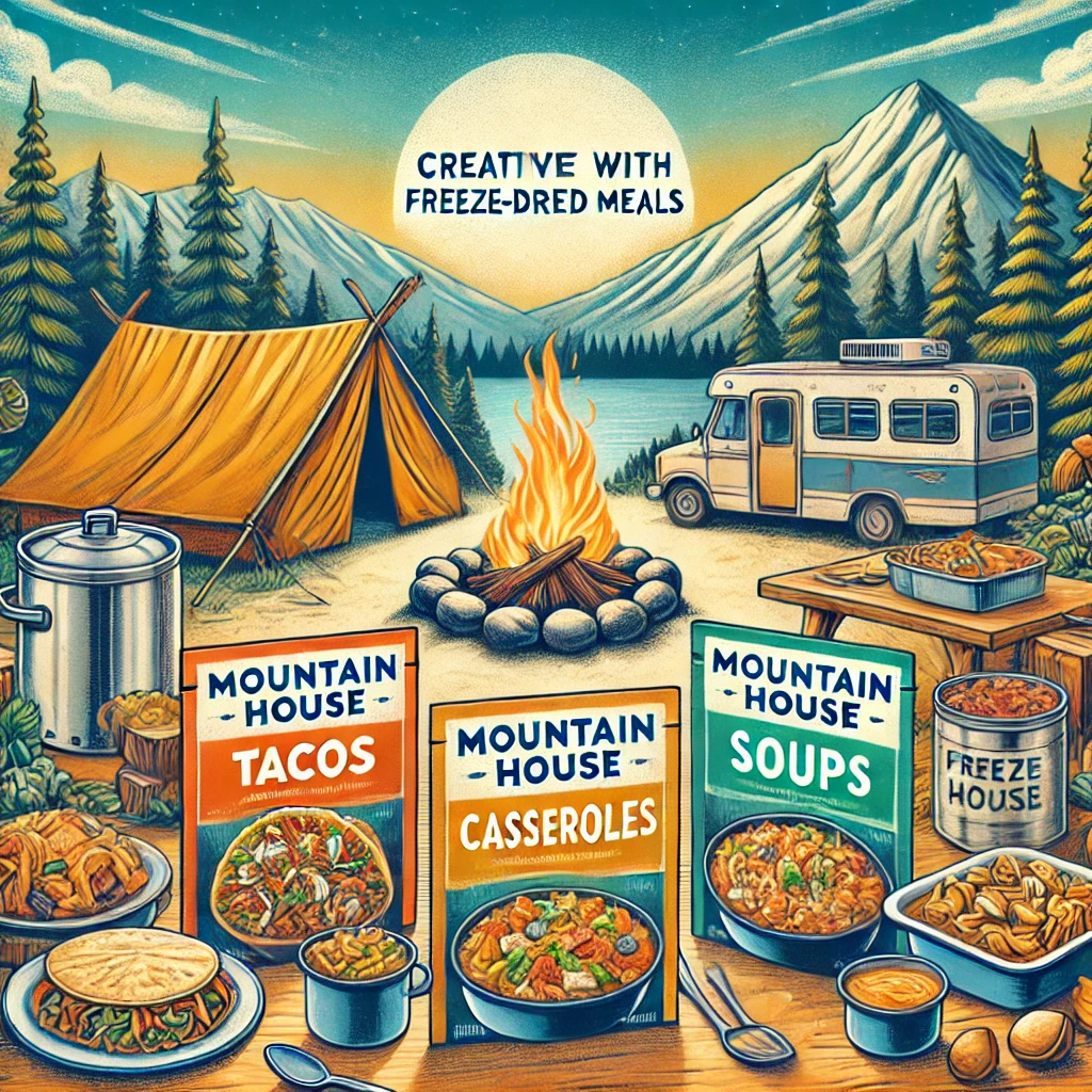 A campfire cooking setup with Mountain House freeze-dried meal packaging, alongside prepared dishes like tacos, casseroles, and soups, set against a scenic mountain backdrop.