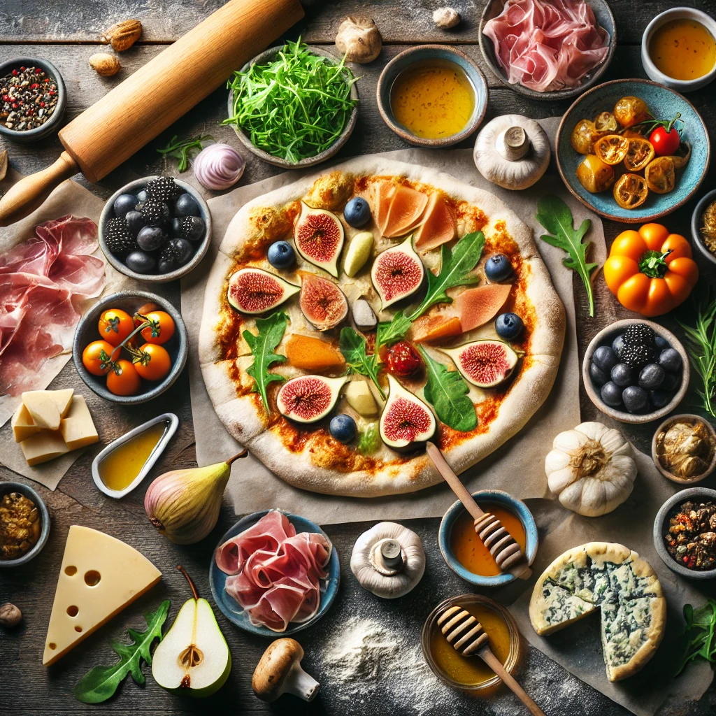 A vibrant flat-lay image of creative pizza toppings, including prosciutto, figs, arugula, wild mushrooms, truffle oil, pear slices, blue cheese, honey, caramelized onions, and roasted butternut squash on a rustic wooden surface.