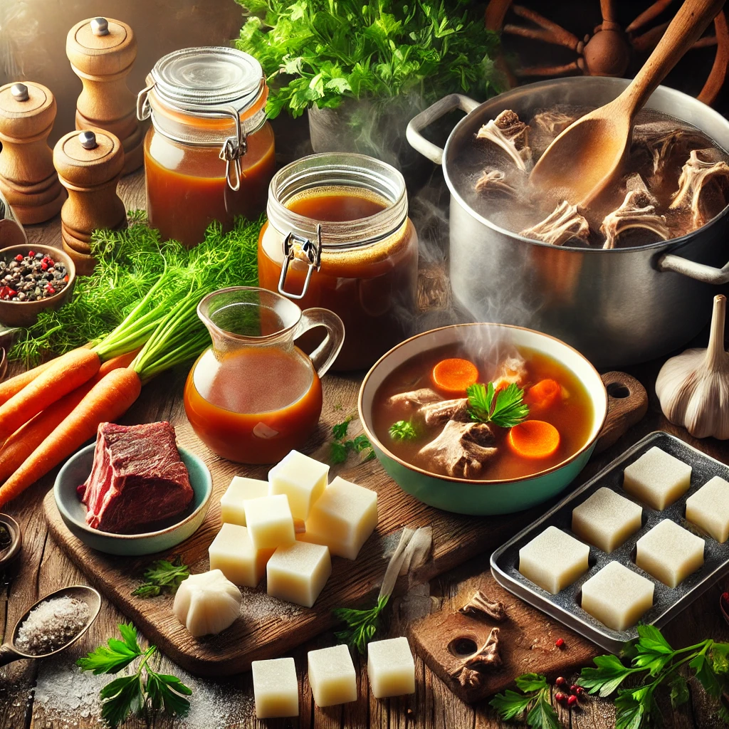 A visually appealing setup showcasing various uses of beef bone broth, including a steaming bowl of soup, a jar of frozen broth cubes, a pot of simmering broth with vegetables, and a gravy boat filled with rich sauce. The rustic wooden kitchen table is decorated with fresh ingredients like carrots, celery, garlic, and parsley.