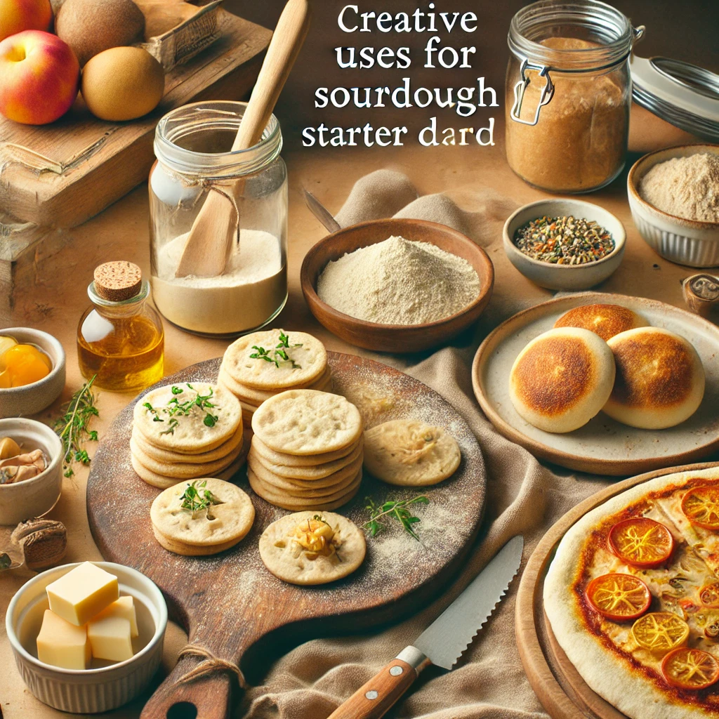 A kitchen scene featuring sourdough discard dishes, including crackers, pancakes, and pizza dough, surrounded by fresh ingredients like herbs, cheese, and fruits.Caption: Delicious and creative ways to use sourdough starter discard, from crackers to pancakes and pizza dough.