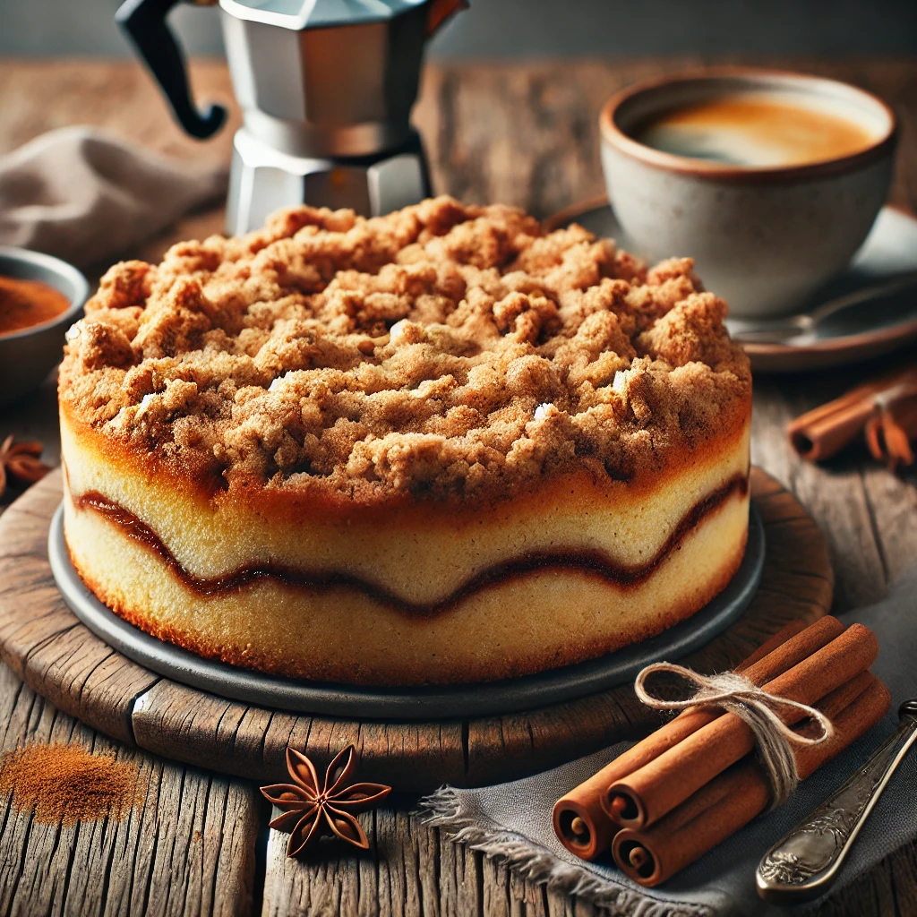 A freshly baked coffee cake with golden-brown streusel topping, cinnamon swirls, and a cup of coffee on a rustic wooden table