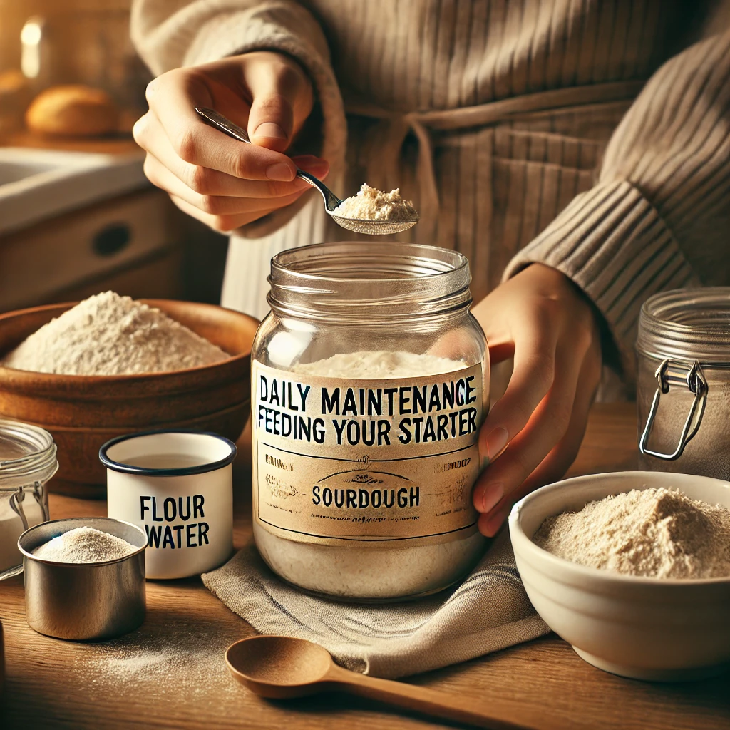 A cozy kitchen scene with a glass jar of sourdough starter being fed with flour and water using a measuring cup and spoon, surrounded by basic ingredients.