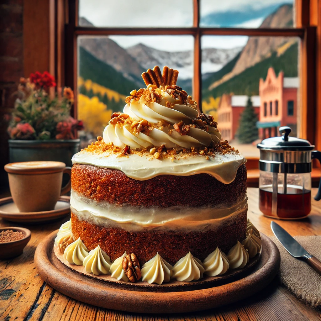 A moist carrot cake with cream cheese frosting, garnished with crushed walnuts and caramel, set against a backdrop of the Colorado Springs mountains.