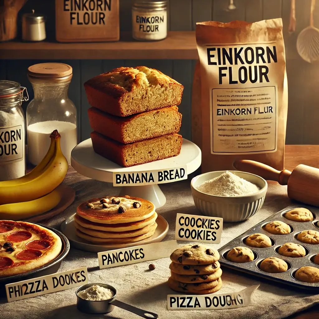 A kitchen table featuring baked goods made with einkorn flour, including banana bread, pancakes, cookies, and pizza dough, with a bag of einkorn flour and measuring cups.