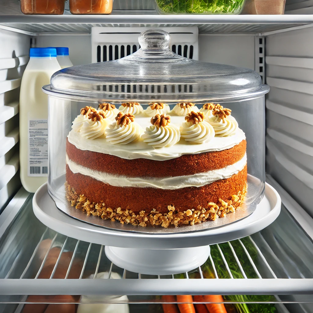 A carrot cake with cream cheese frosting stored on a white cake stand inside a refrigerator, covered for freshness, surrounded by milk and vegetables.