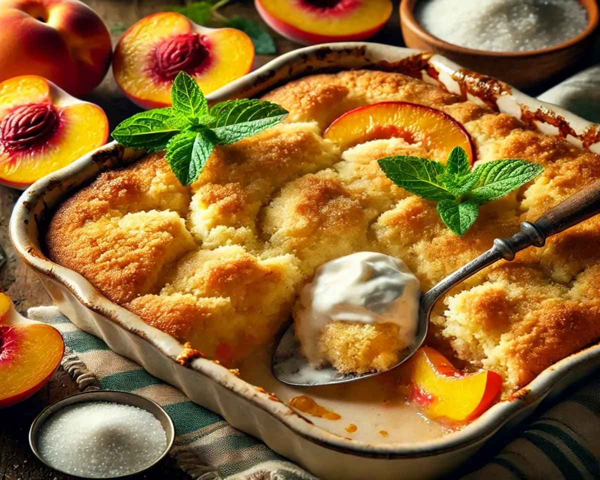 A golden peach cobbler with a cake mix topping, served in a rustic dish with whipped cream and mint garnish, showcasing its simplicity and rich flavors.