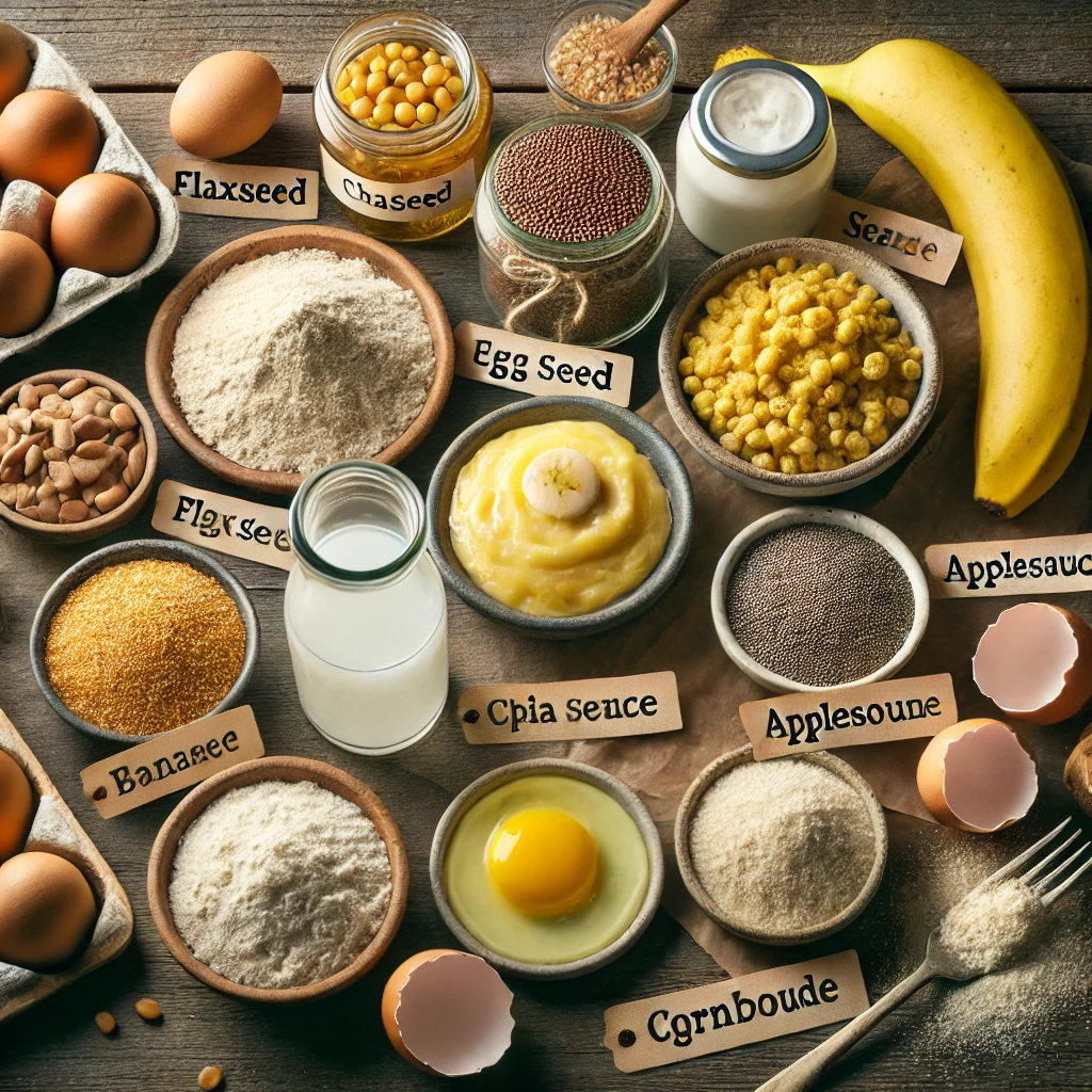 A flat lay of egg substitutes for cornbread, including flaxseed meal, chia seeds, mashed banana, applesauce, yogurt, and carbonated water, arranged on a rustic wooden table with cornbread ingredients.