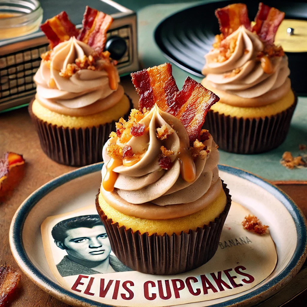 Elvis cupcakes featuring banana base, peanut butter frosting, crispy bacon crumbles, and honey drizzle on a vintage plate with a retro Elvis-themed background.