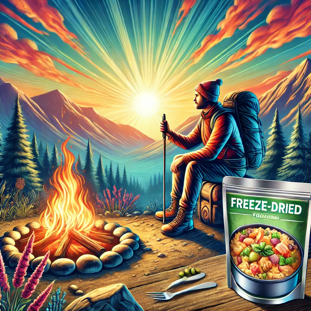 A hiker sitting by a campfire in the mountains at sunset, enjoying a freeze-dried meal with detailed food packaging in view