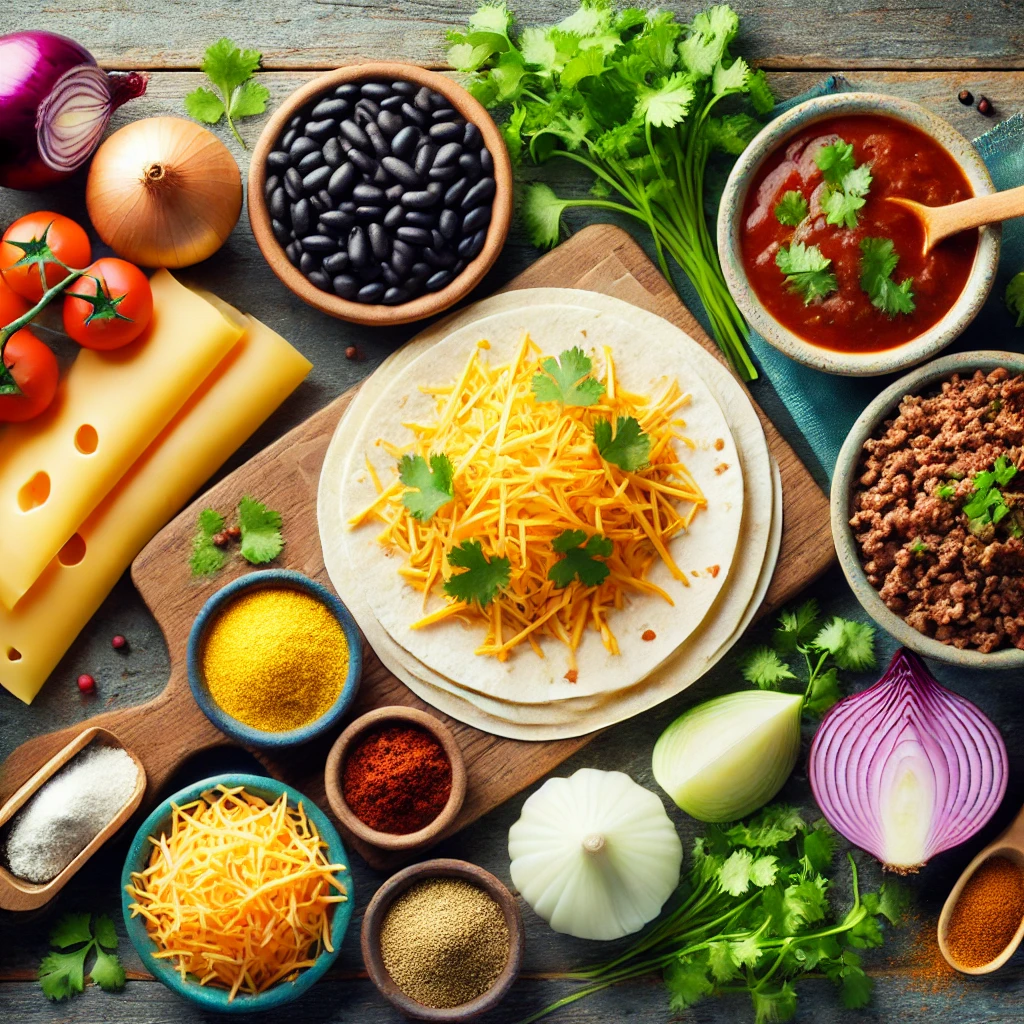 A flat lay of essential enchilada ingredients, including tortillas, cheese, onions, ground beef, black beans, cilantro, spices, and enchilada sauce on a rustic wooden table.