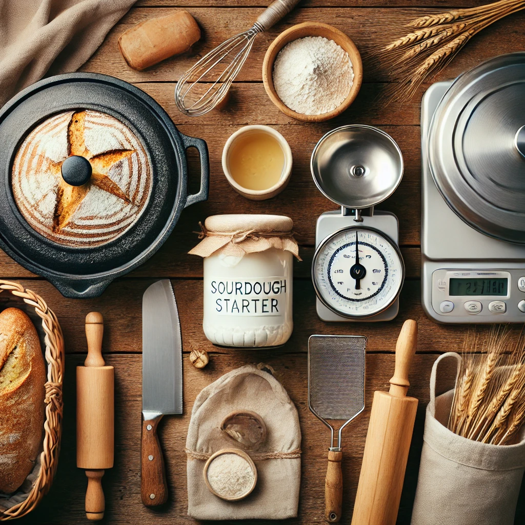 A flat lay of essential sourdough baking tools, including a Dutch oven, sourdough starter, bread lame, bench scraper, kitchen scale, and banneton basket, arranged on a rustic wooden surface.