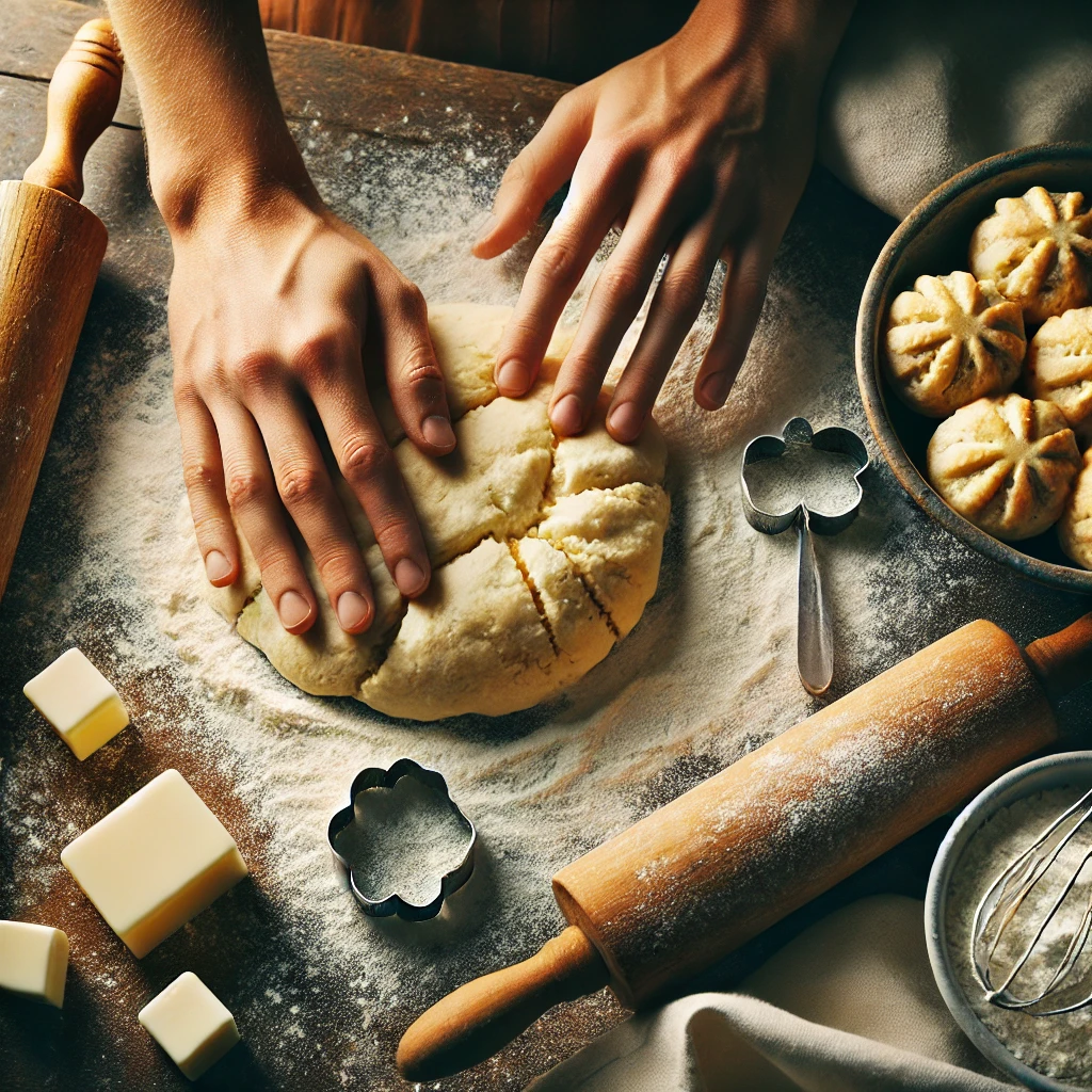 A baker’s hands working biscuit dough on a floured wooden surface with a rolling pin, pastry cutter, and butter cubes nearby.