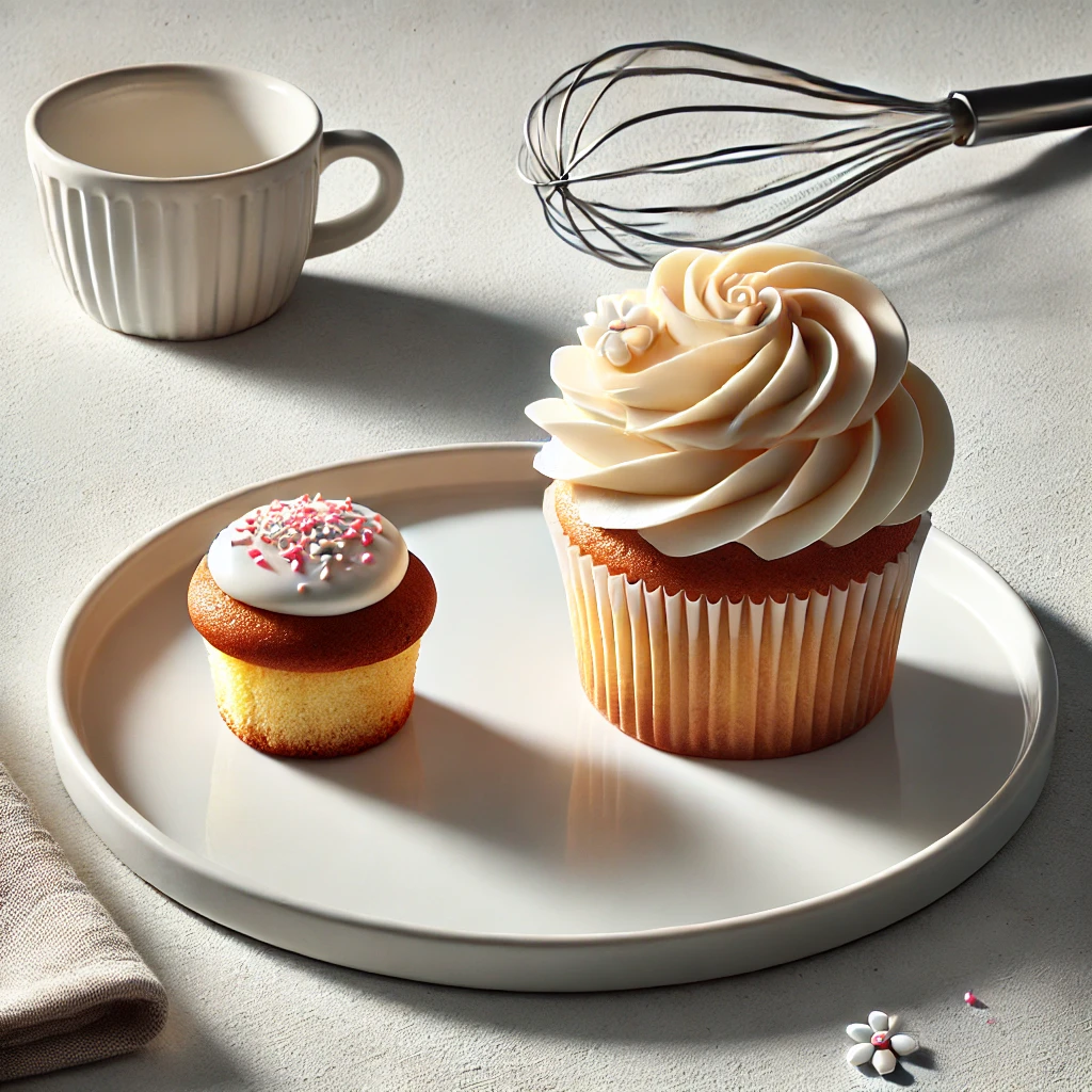 A fairy cake and a cupcake displayed side by side on a white plate. The fairy cake is smaller with simple glaze and sprinkles, while the cupcake is larger with swirled buttercream frosting and decorative sprinkles.