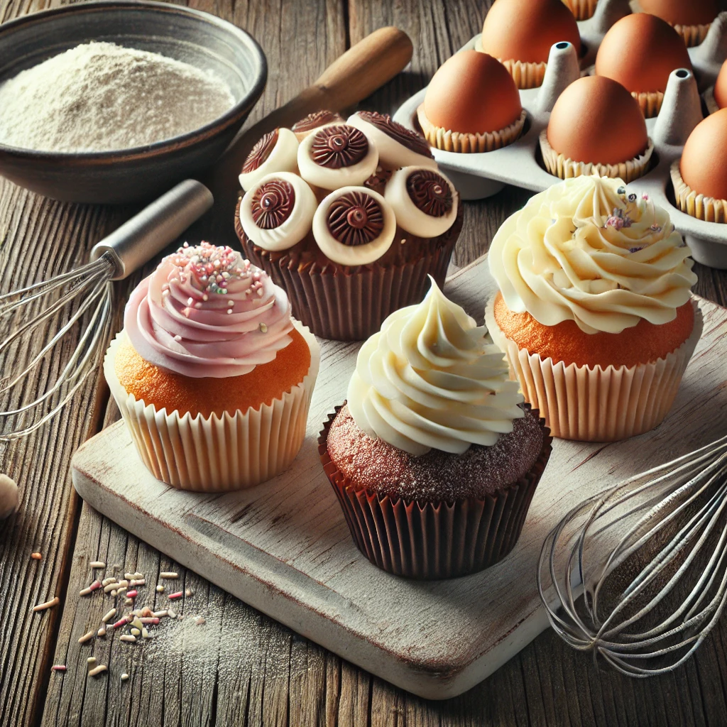 An inviting baking scene featuring both fairy cakes with light glaze and sprinkles and cupcakes with swirled frosting and decorations, displayed on a rustic wooden table with baking tools