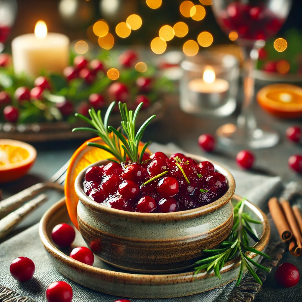 A bowl of cranberry sauce on a rustic table with holiday decorations