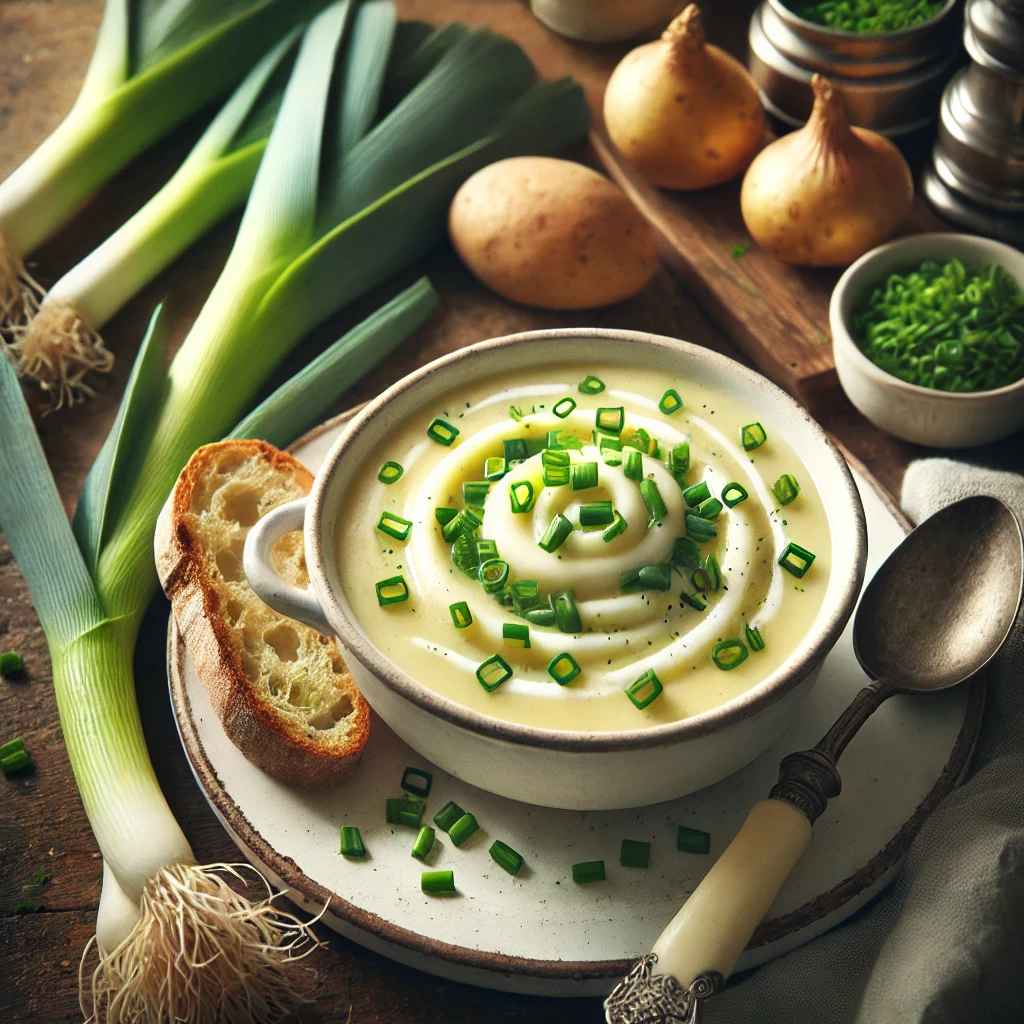 A bowl of creamy Potage Parmentier garnished with a swirl of cream and freshly chopped chives, served with crusty bread.