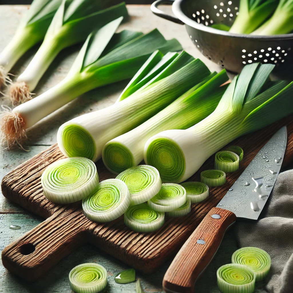 Fresh leeks sliced into thin rounds on a rustic wooden cutting board, with a sharp knife and a colander filled with water nearby.