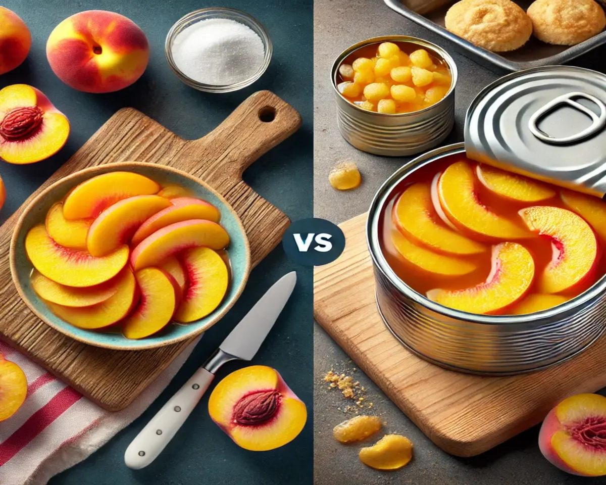 A side-by-side comparison of fresh sliced peaches and canned peaches in syrup, with baking tools and ingredients in the background for peach cobbler preparation.