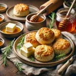 A plate of golden-brown Einkorn biscuits on a rustic wooden surface, surrounded by a bowl of butter, a jar of honey, fresh herbs, and a linen napkin.