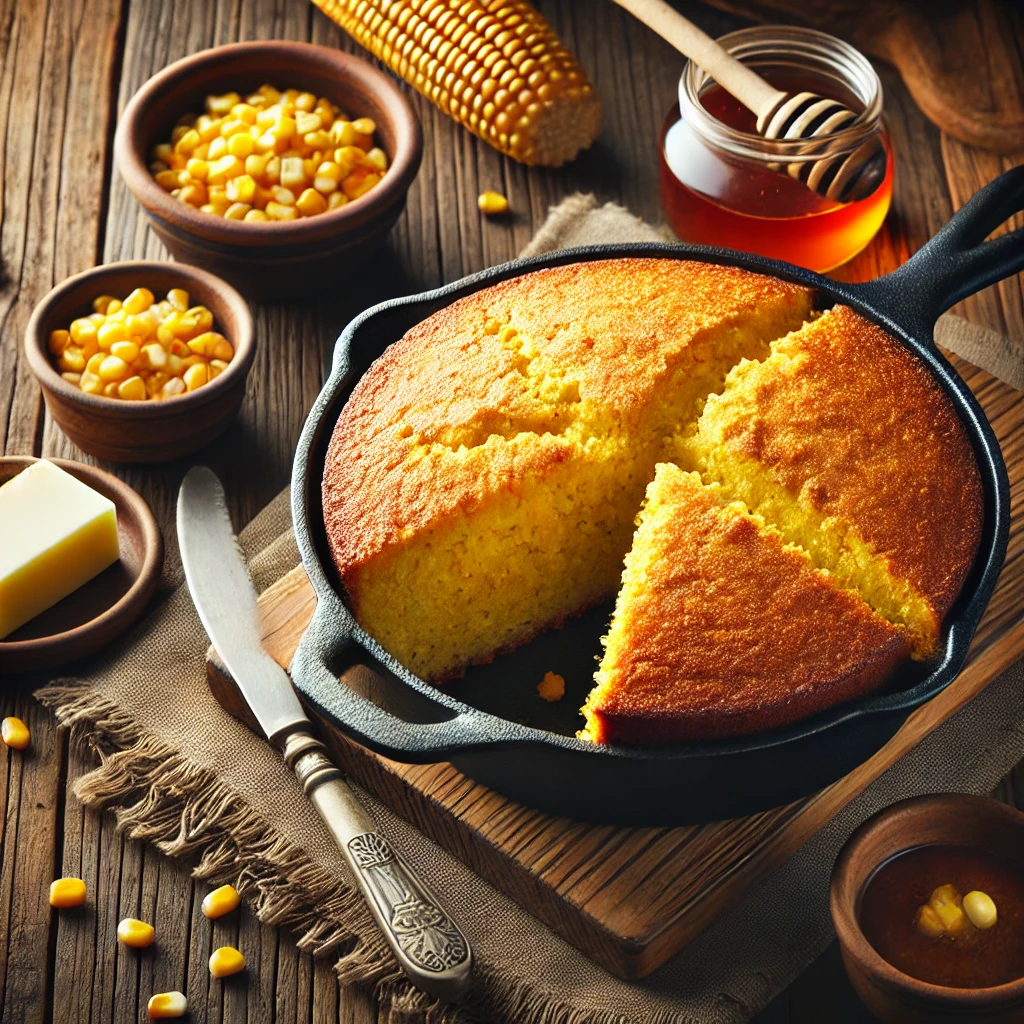 A golden-brown cornbread in a cast-iron skillet, with a slice removed to reveal its moist, fluffy interior. Small bowls of butter, honey, and corn kernels surround the skillet on a rustic wooden table.