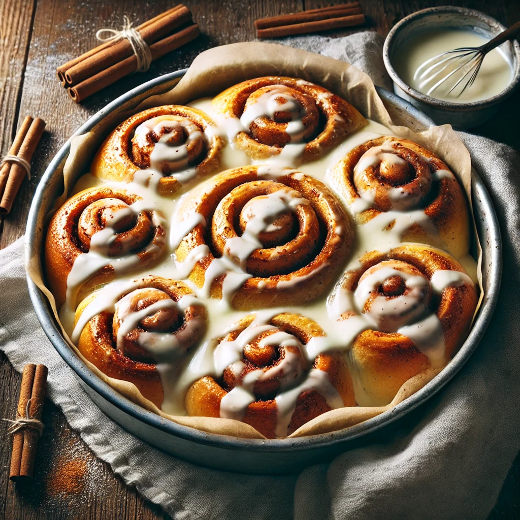 Freshly baked sourdough cinnamon rolls with golden brown swirls, topped with creamy white icing, arranged in a circular baking dish on a rustic wooden table with cinnamon sticks and a linen napkin nearby.