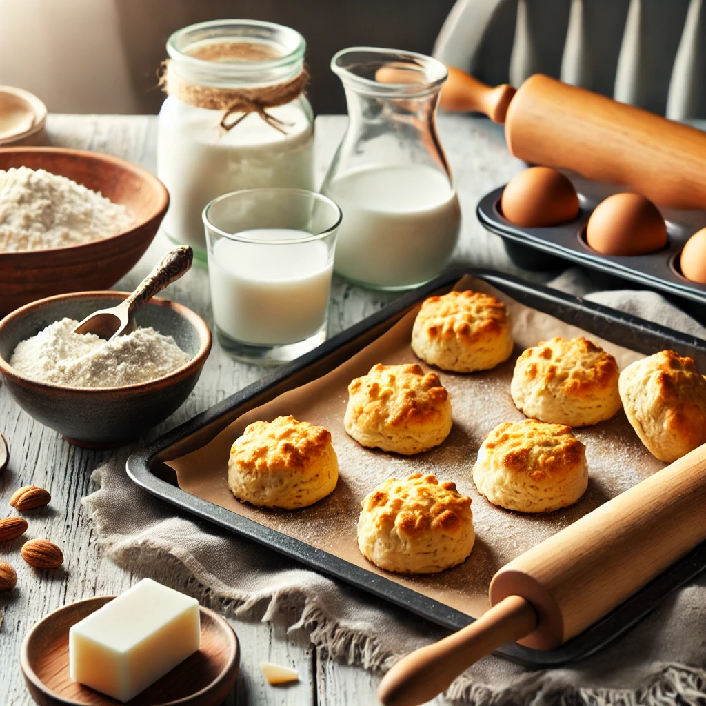 A baking tray with golden milk-free biscuits surrounded by ingredients like flour, coconut oil, and a glass of water in a cozy kitchen setting.