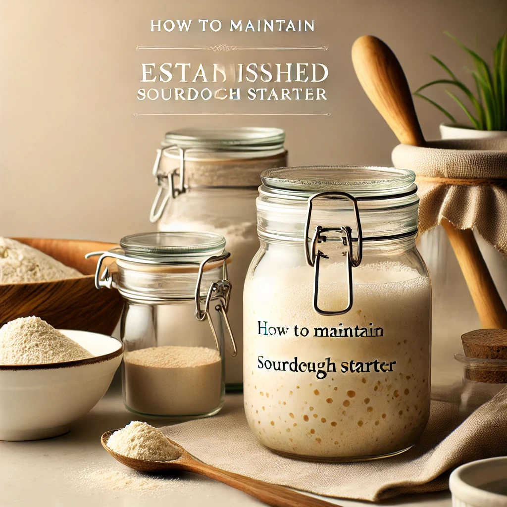 A clean kitchen countertop with a glass jar of bubbling sourdough starter, a bowl of flour, a wooden spoon, and a small cup of water, emphasizing simplicity and care.