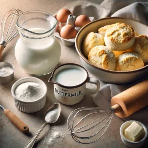 A measuring cup with buttermilk, a spoon of baking soda, biscuit dough in a bowl, and baking tools on a rustic kitchen counter.