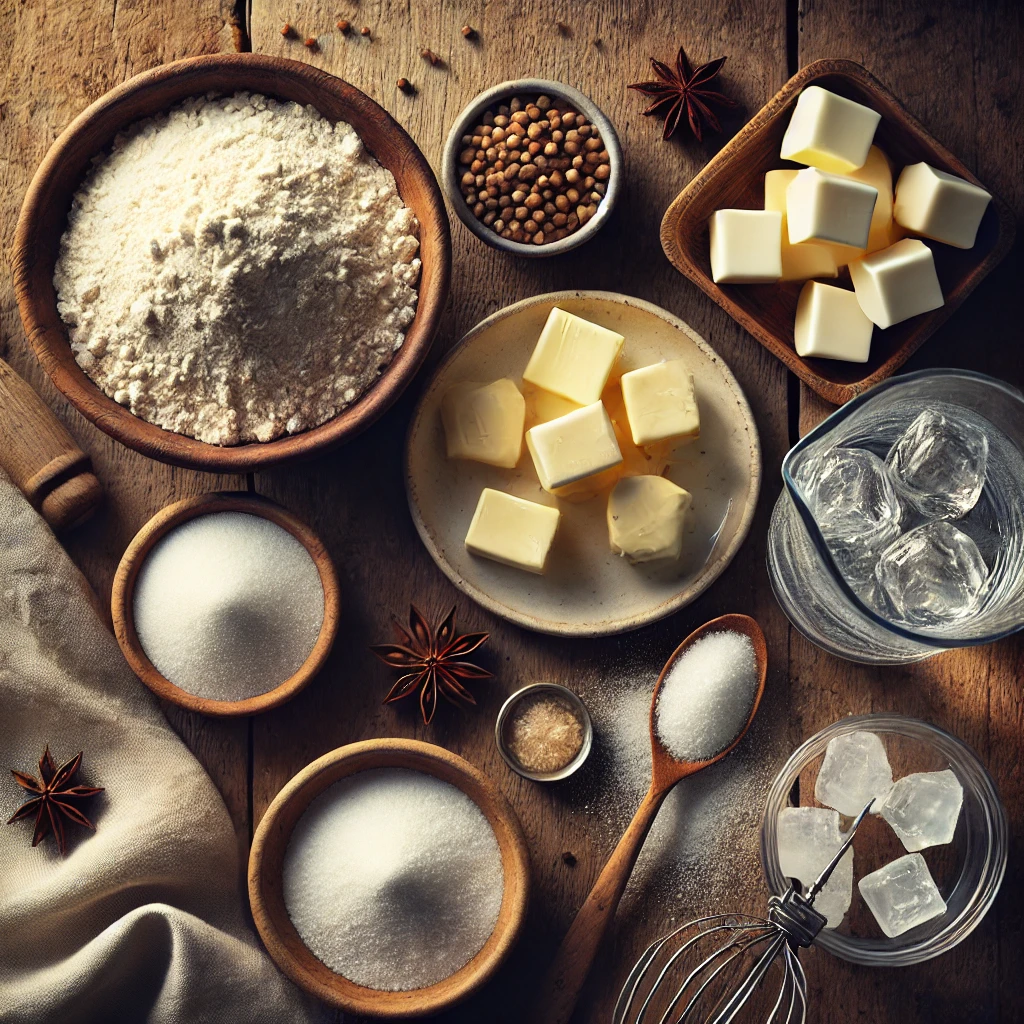 Flat-lay of biscuit ingredients: flour, butter cubes, baking powder, salt, water, and sugar, on a rustic wooden surface.