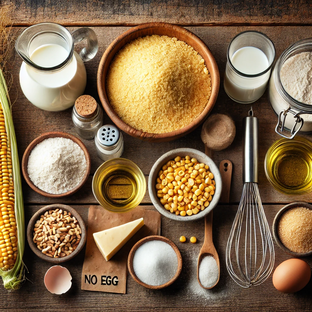 A flat lay of ingredients for no egg cornbread on a rustic wooden table, featuring cornmeal, flour, baking powder, sugar, salt, milk, apple cider vinegar, vegetable oil, and a whisk.