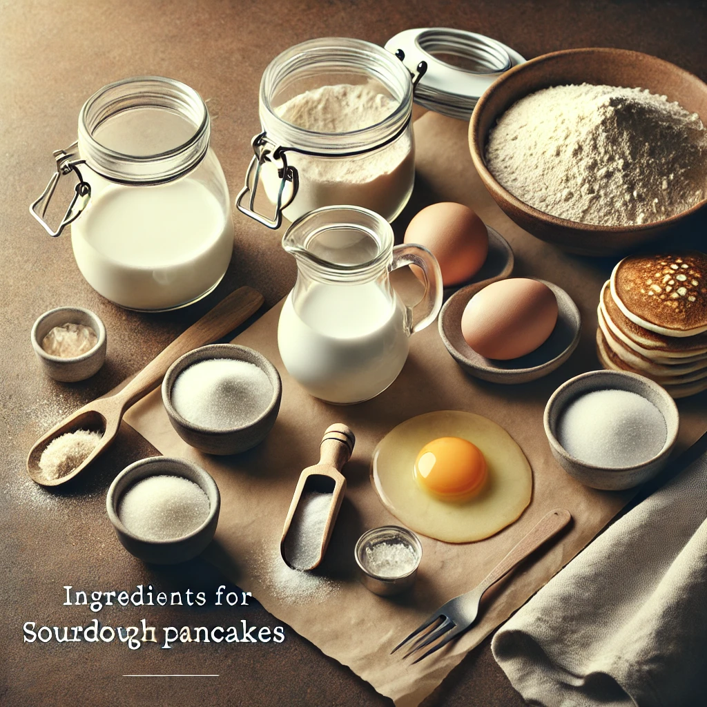 An artistic arrangement of ingredients for sourdough pancakes, including sourdough starter, flour, milk, an egg, sugar, salt, and baking soda on a rustic wooden countertop.