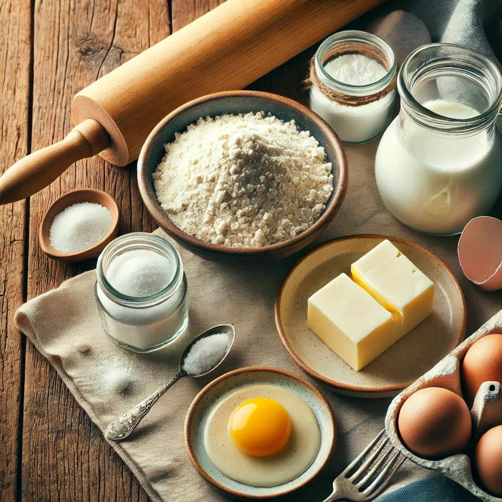 A flat-lay image showcasing the ingredients for Einkorn biscuits, including a bowl of Einkorn flour, baking powder, salt, cubed butter, and a glass of milk, all on a rustic wooden table.