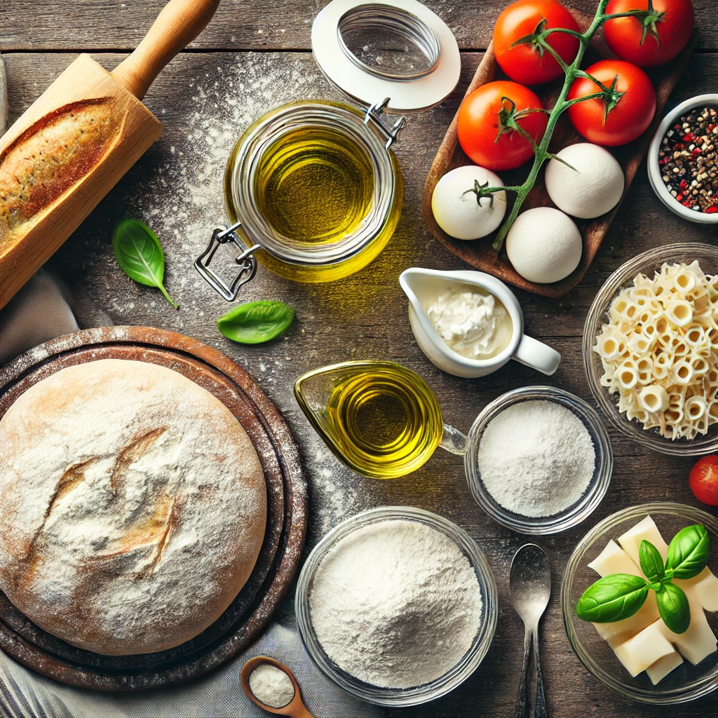 A flat-lay image showing ingredients for sourdough pizza, including bread flour, sourdough starter, salt, olive oil, water, mozzarella cheese, tomatoes, and basil on a rustic wooden background.