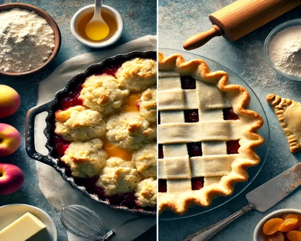 A side-by-side comparison of cobbler dough, a biscuit-like topping, and pie crust, a smooth and flaky pastry, highlighting their textural differences.