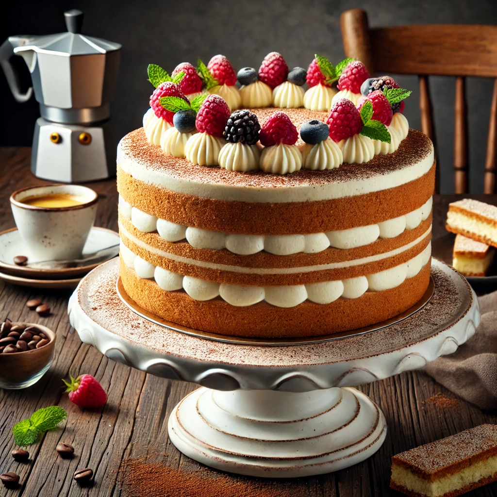 A layered Italian cake with mascarpone filling, dusted with cocoa powder, topped with fresh berries and mint, displayed on a white cake stand.