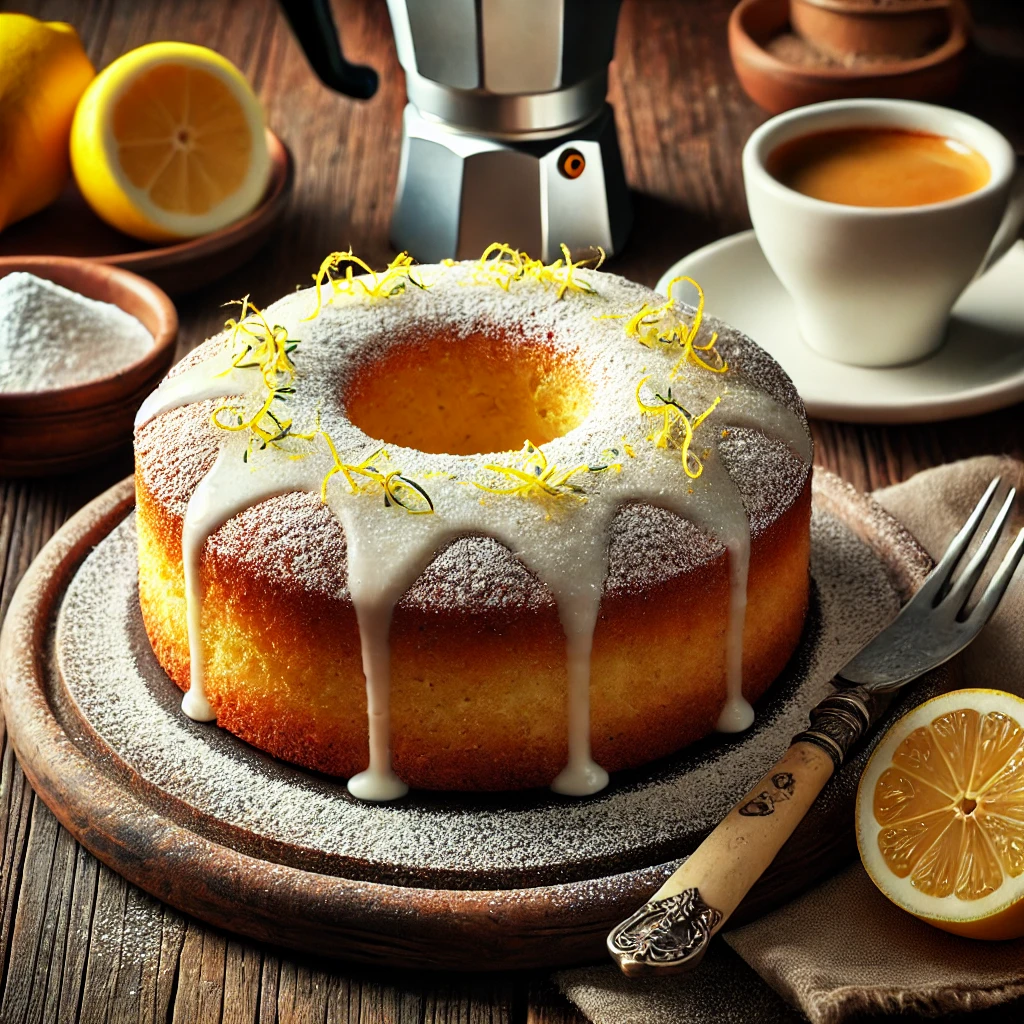 A moist Italian hangover cake topped with lemon glaze, powdered sugar, and lemon zest, served on a rustic table with espresso and baking elements.