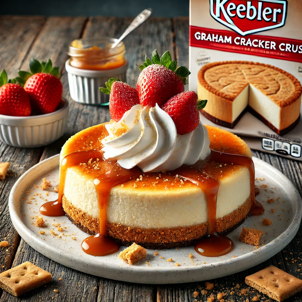 A creamy Keebler cheesecake with a graham cracker crust, garnished with whipped cream, fresh strawberries, and caramel drizzle, set on a rustic table.