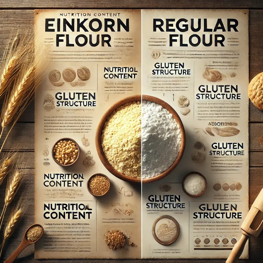 A side-by-side comparison of einkorn flour and regular flour, with bowls labeled and key characteristics such as nutritional content, gluten structure, and absorption highlighted.