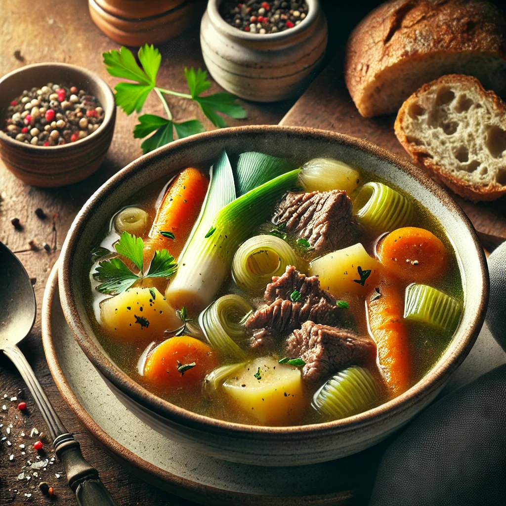 A bowl of leek and beef soup featuring chunks of beef, sliced carrots, diced potatoes, and leeks in a rich broth, with crusty bread and parsley garnish on a wooden table.