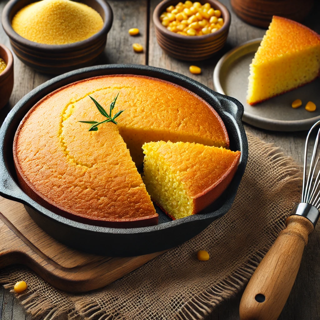 Golden-brown no egg cornbread in a cast-iron skillet, with a slice served on a plate next to kitchen tools on a rustic table.