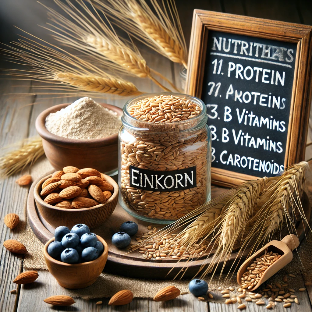 A rustic wooden table featuring a glass jar of raw Einkorn grains, a bowl of Einkorn flour, fresh ears of Einkorn wheat, and small bowls of almonds and blueberries, showcasing its nutritional value.