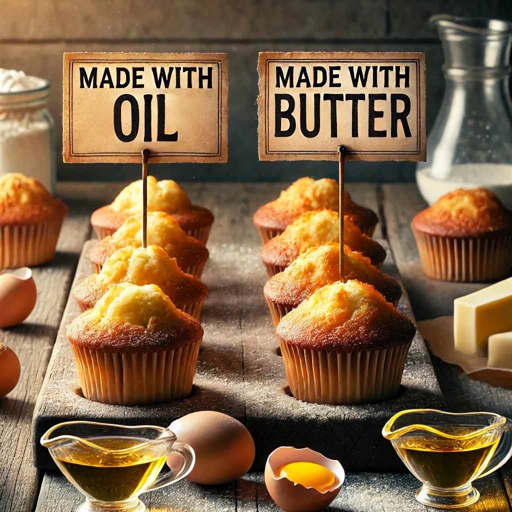 Two groups of cupcakes on a rustic wooden table, one labeled 'Made with Oil' featuring moist, fluffy cupcakes, and the other labeled 'Made with Butter' showcasing golden, rich cupcakes.