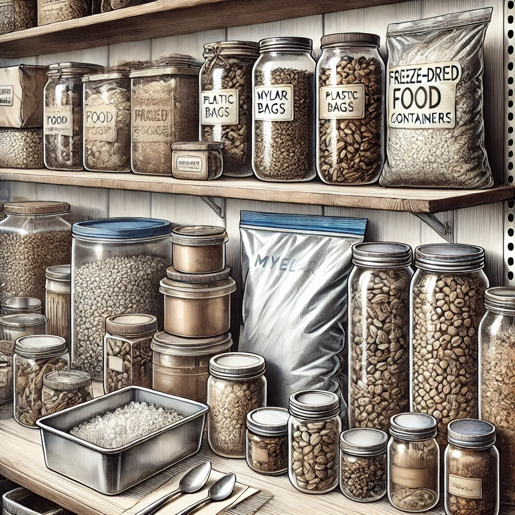 A neatly organized pantry shelf displaying Mylar bags, plastic buckets, glass jars, and stainless steel bins for storing freeze-dried food.