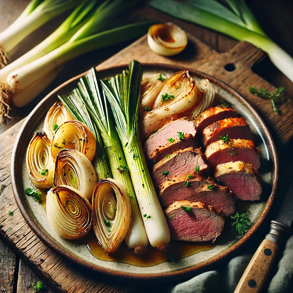 A rustic dish featuring tender slices of roasted chicken, beef, and pork served with caramelized sautéed leeks, garnished with fresh herbs on a rustic plate.