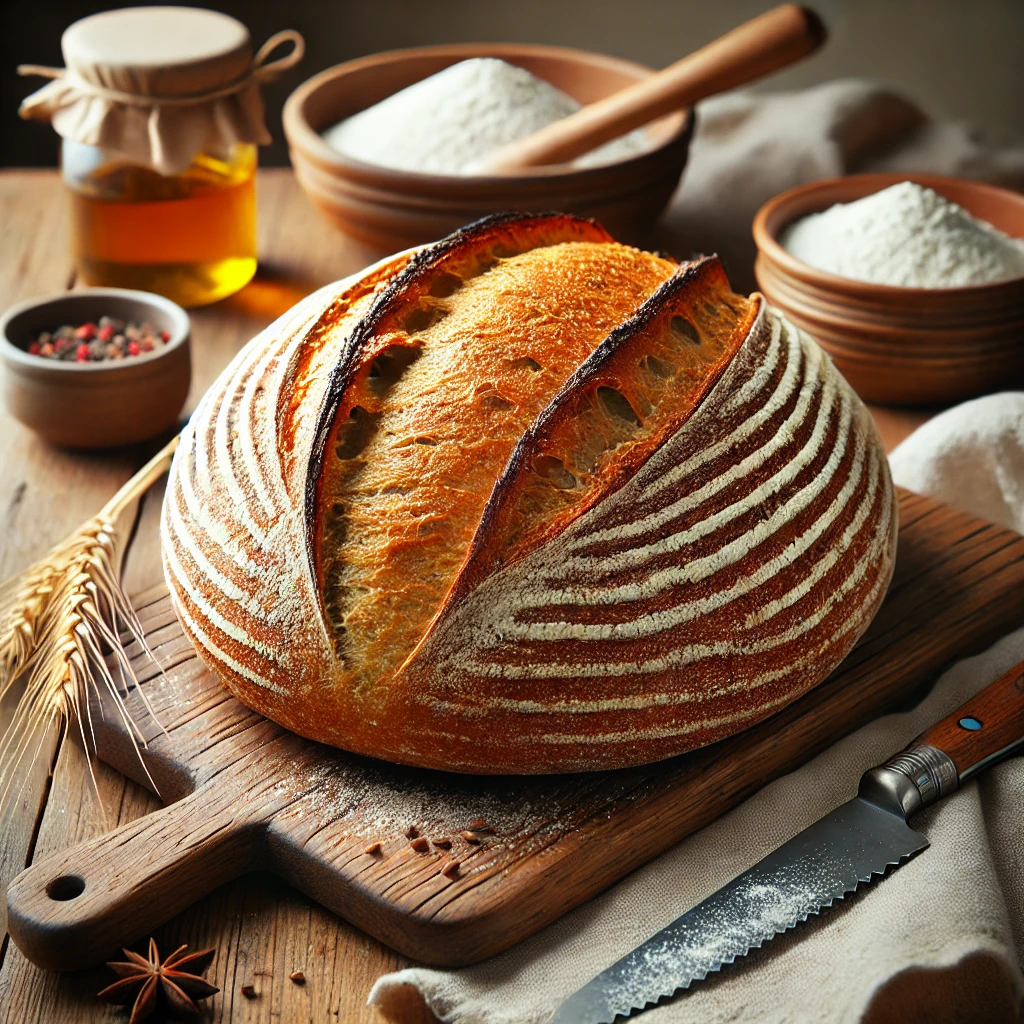 A rustic close-up of a freshly baked sourdough bread loaf with a golden-brown crust, scored patterns, and an airy crumb on a wooden cutting board.