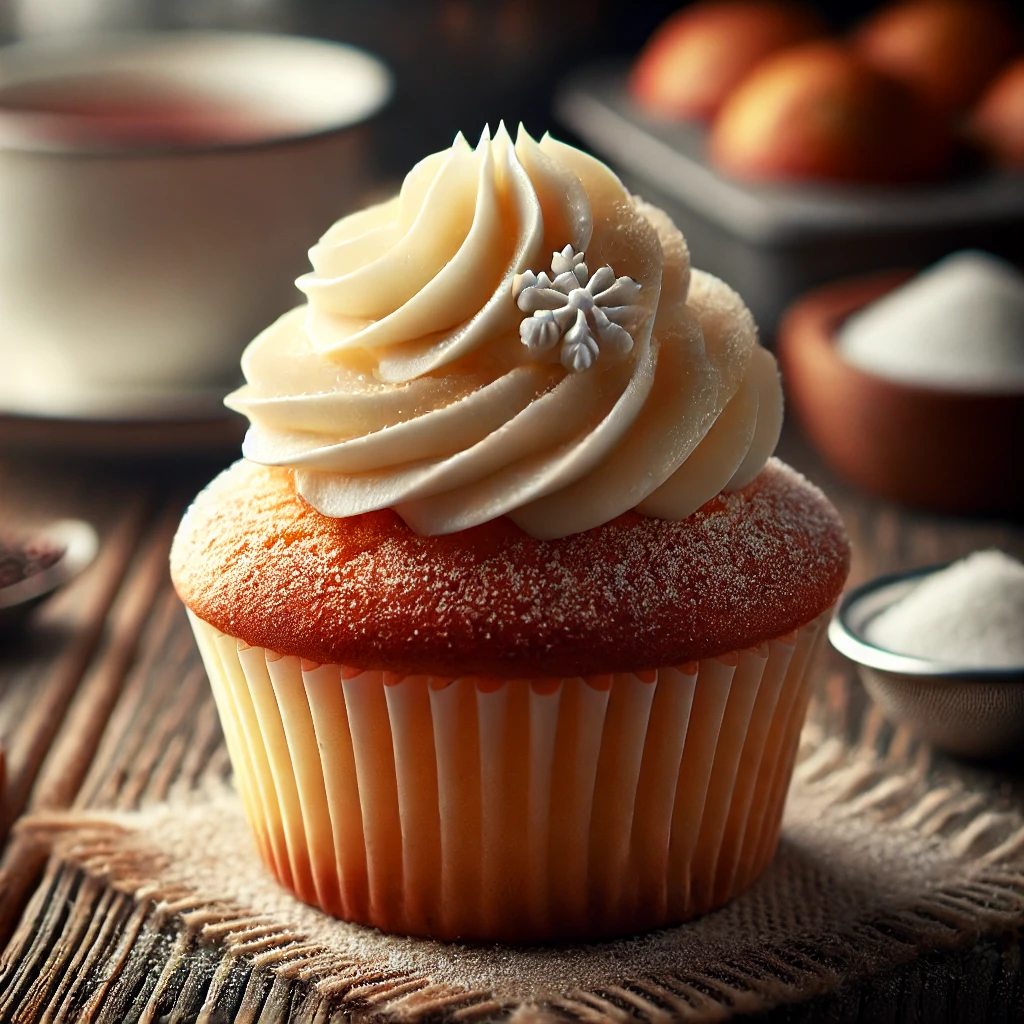 A freshly baked cupcake with moist texture, topped with swirled creamy frosting and decorative sugar, displayed on a rustic wooden table.